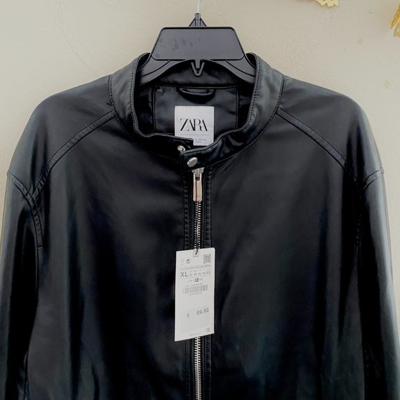 ZARA | Black Vegan Leather Bomber Jacket Size US XL Men - Picture 5 of 7
